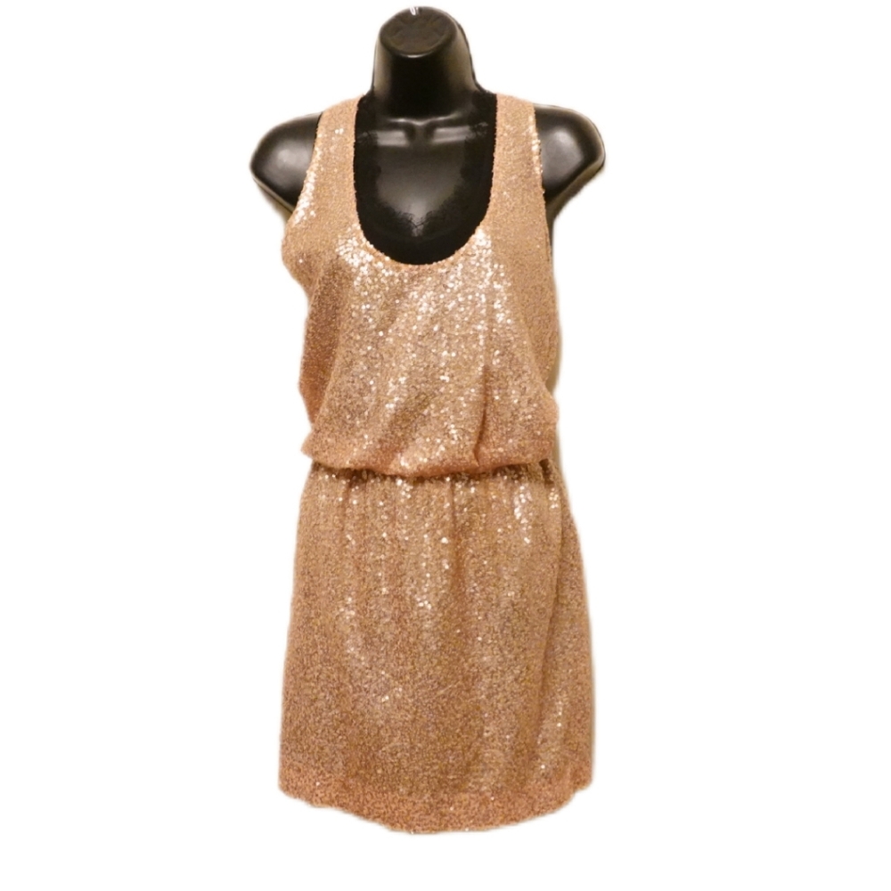 ROBERT RODRIGUEZ Rose Gold Sequined Dress with Black Peekaboo Silk Lining, sz 10